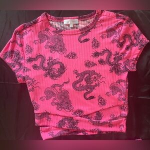Size small (juniors) hot pink and black dragon and rose detailing - micro tee